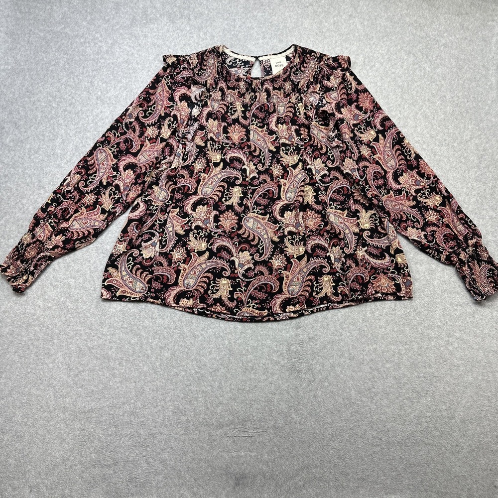 Knox Rose Top XL Black Pink Paisley Smocked Ruffle Flowy Boho Peasant Crinkle